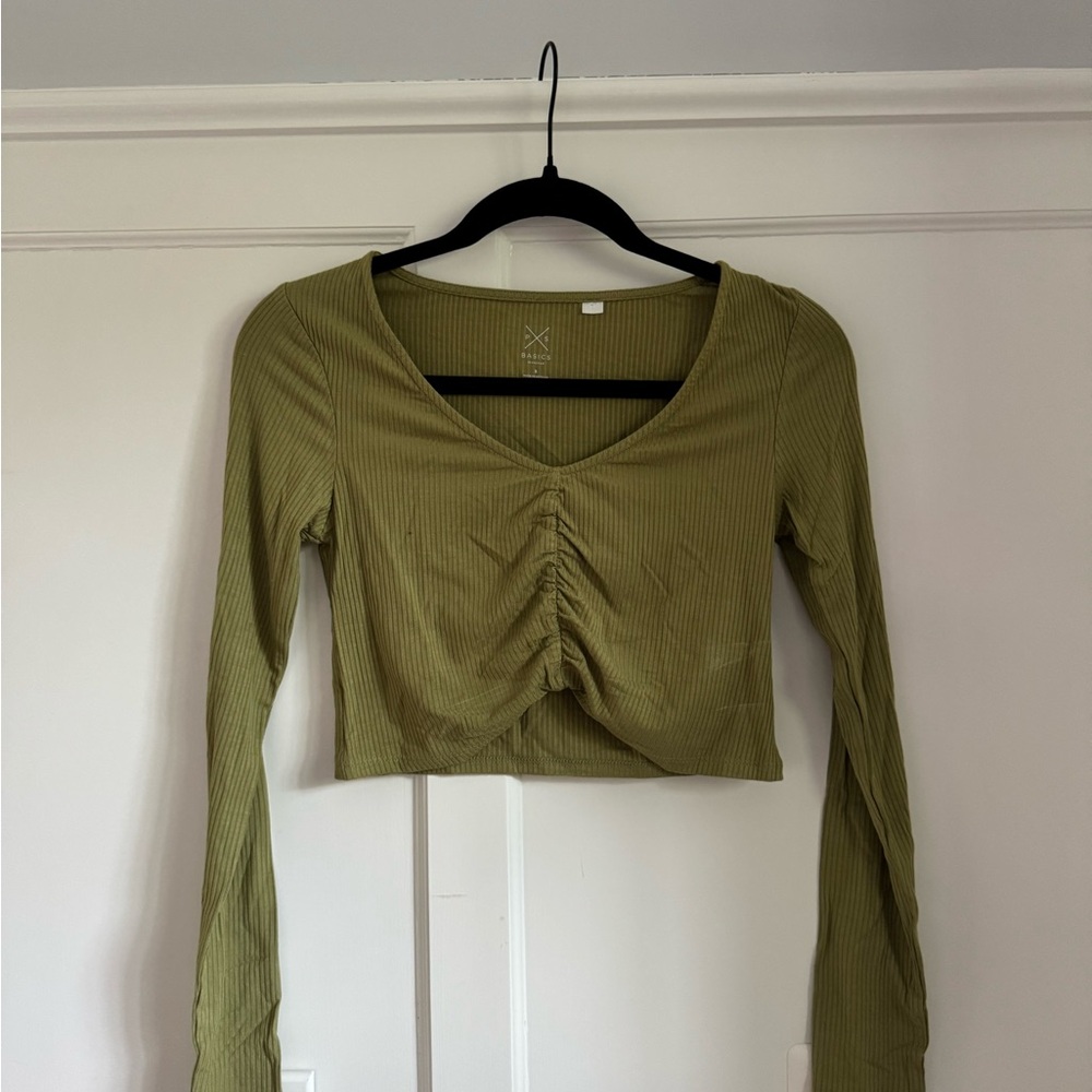 Olive Green Ribbed Long Sleeve Crop Top